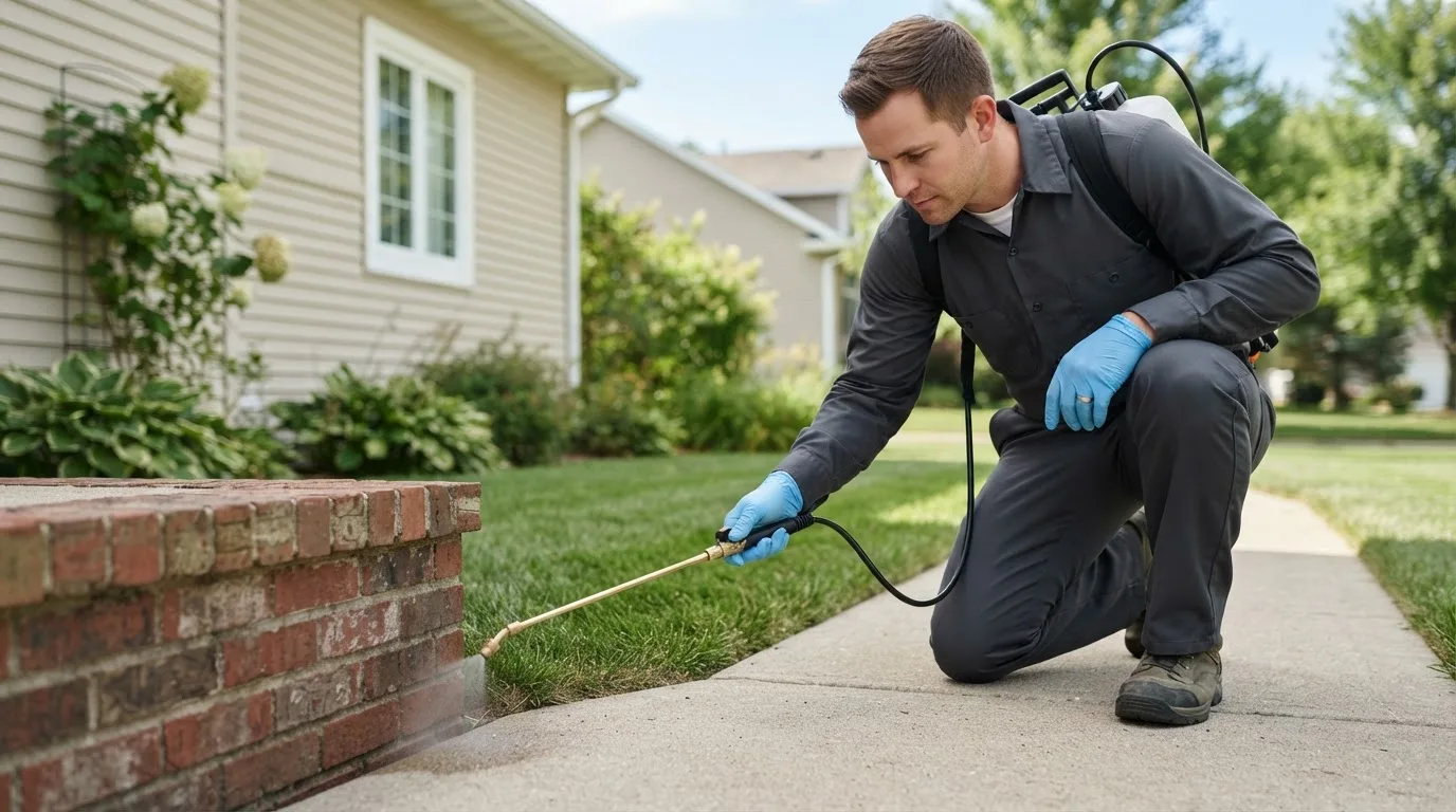 Pest control technician treating a home near Kleinfeltersville, PA